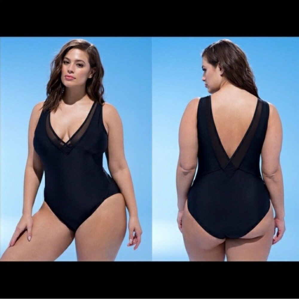 Ashley Graham Black V-Neck Mesh-Trim One-Piece Swimsuit 22 NWT
